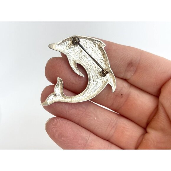 Dolphin Figural Morning Sun Signed Polished Sterling Silver Vintage Brooch - Picture 4 of 10